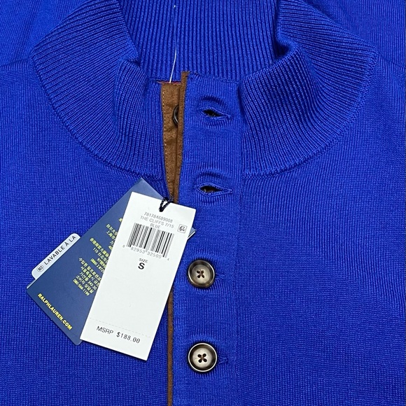 New Small Polo Ralph Lauren Leather Trimmed Royal Blue Quarter Button Sweater - Picture 7 of 7